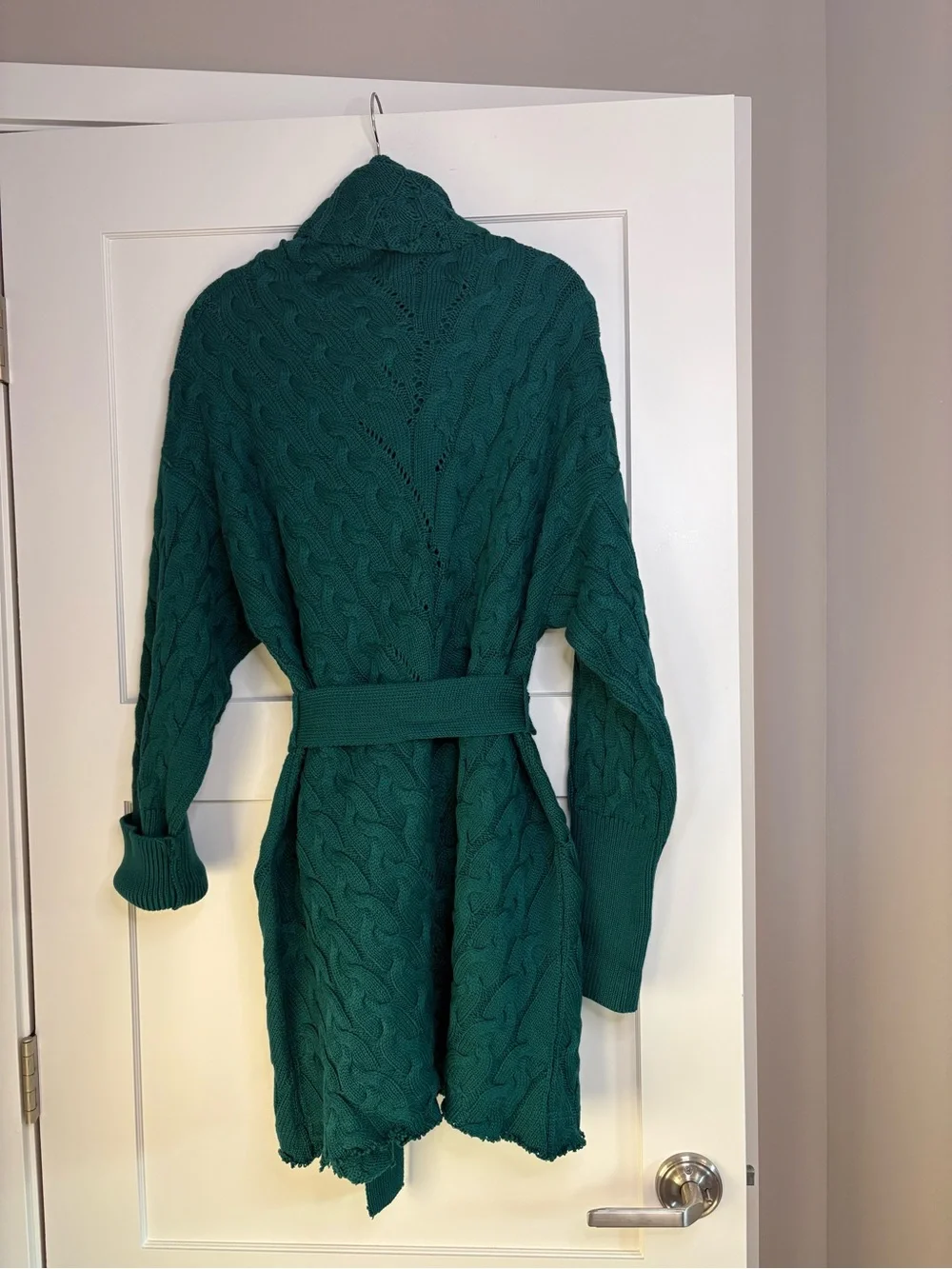 Fate Emerald Green Cable Knit Cowl Raw Hem Sweater Dress | Size L